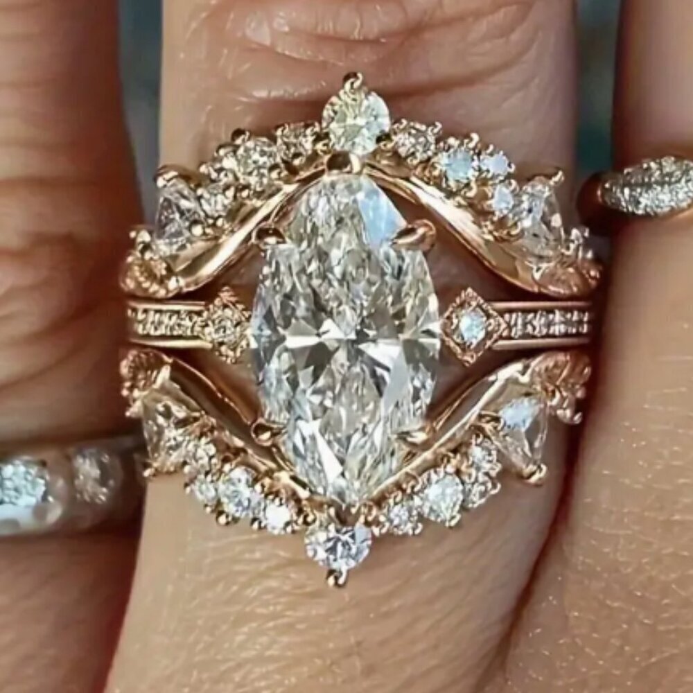 rose Gold Plated 3 Piece Ring - Beautiful Engagement style Cocktail Ring Size 7